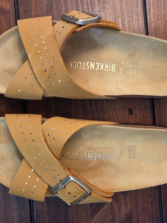 Birkenstock Shoes - Birkenstock Women’s Mustard Tan Studded Cross-Strap Sandals